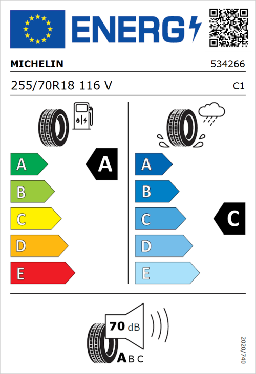 Tyre Label for Michelin Latitude Tour HP 255/70R18 116V