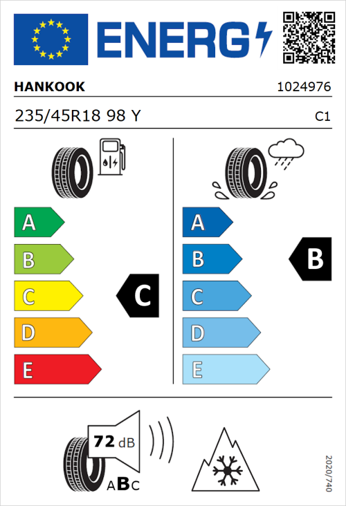 Tyre Label for Hankook Kinergy 4S 2 H750 235/45R18 98Y
