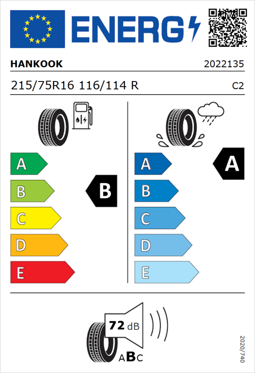 Tyre Label for Hankook Vantra Transit (RA58) 215/75R16 116/114R