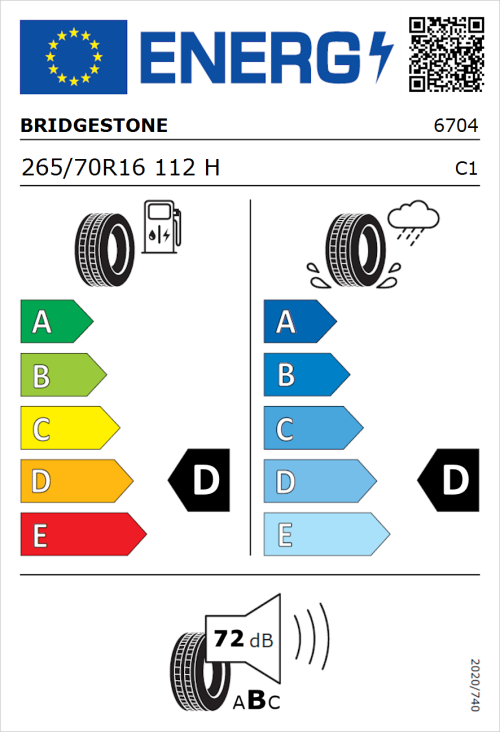 Tyre Label for Bridgestone Dueler H/T 689 265/70R16 112H