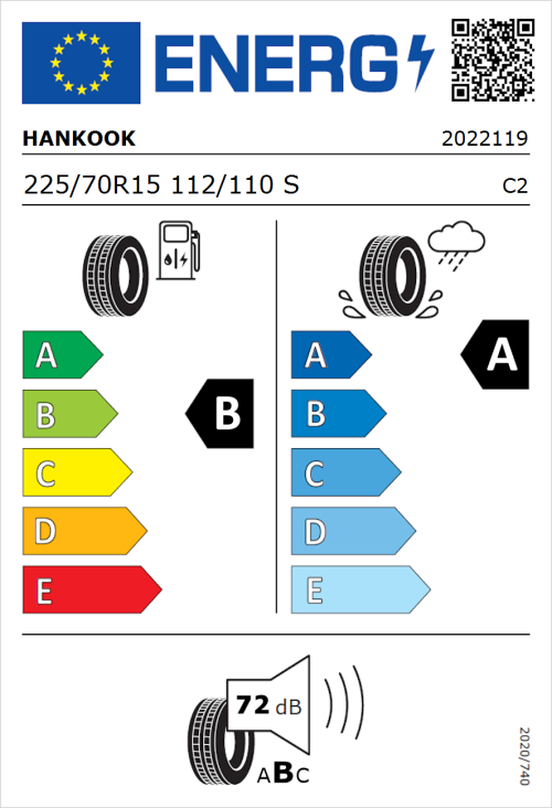 Tyre Label for Hankook Vantra Transit (RA58) 225/70R15 112/110S